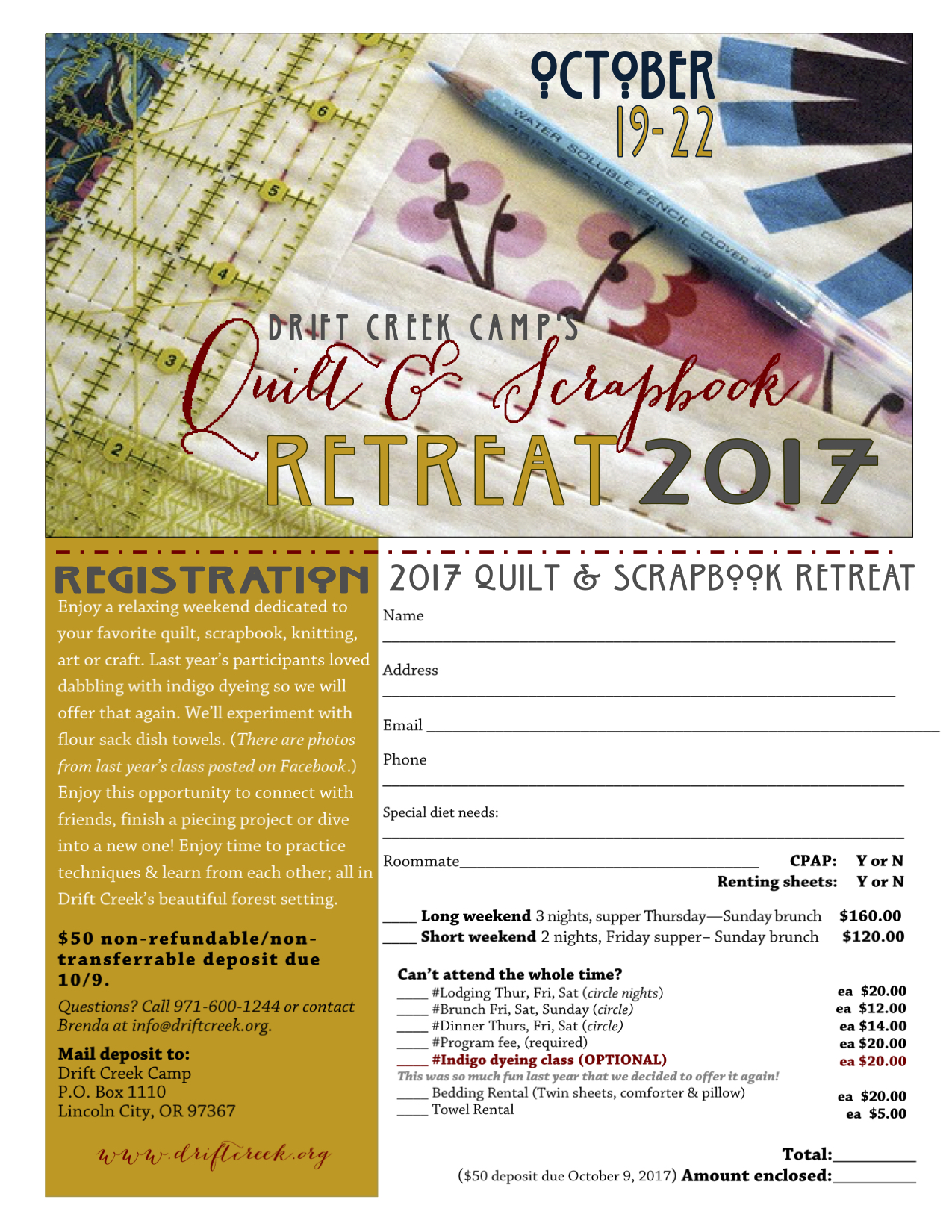 fall quilting retreat drift creek camp scrapbook flyer